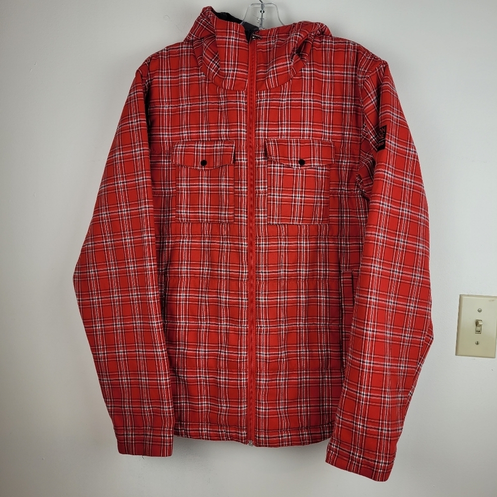 Bonfire Red Plaid Women's Zipper front jacket funnel collar hood gorpcore ski SP - Picture 3 of 13